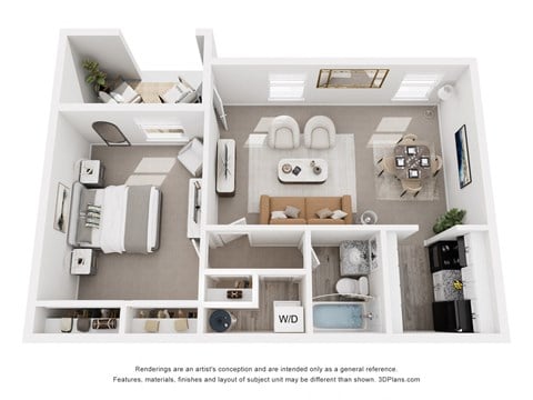 Floor plan for 1 bed, 1 bath, 634 sqft
